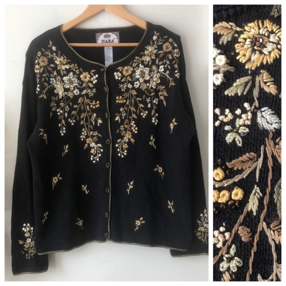 Y2K Tiara International Black Floral Embroidered Cardigan Sweater Medium - Picture 12 of 12